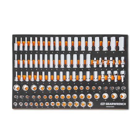 GEARWRENCH socket set displayed in a labeled tray with orange and white size markings. Includes 6-point and 12-point sockets in standard, deep, mid-length, flex, and stubby formats. Sockets are arranged in rows by type and size for easy identification