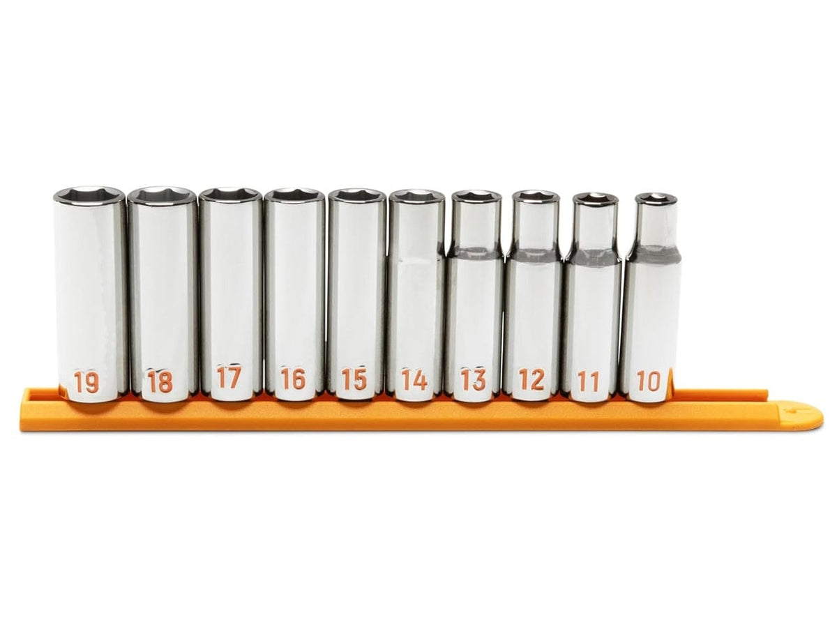 Front view of the GEARWRENCH 1/2-inch drive metric deep socket set resting on an orange rail, showcasing the professional full-polish chrome finish and uniform construction.
