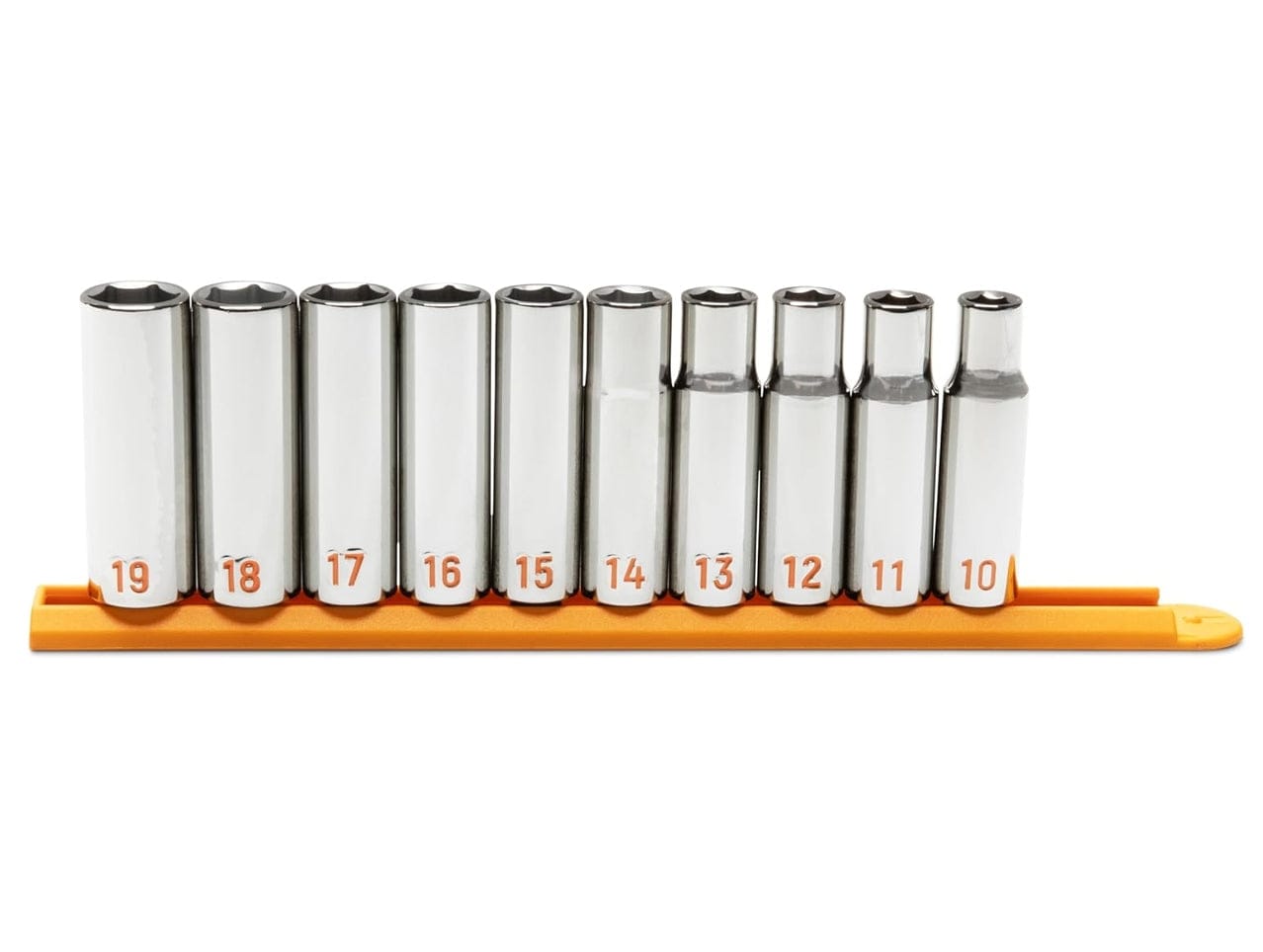 Front view of the GEARWRENCH 1/2-inch drive metric deep socket set resting on an orange rail, showcasing the professional full-polish chrome finish and uniform construction.