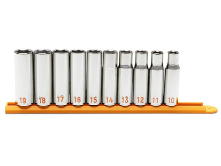 Front view of the GEARWRENCH 1/2-inch drive metric deep socket set resting on an orange rail, showcasing the professional full-polish chrome finish and uniform construction.