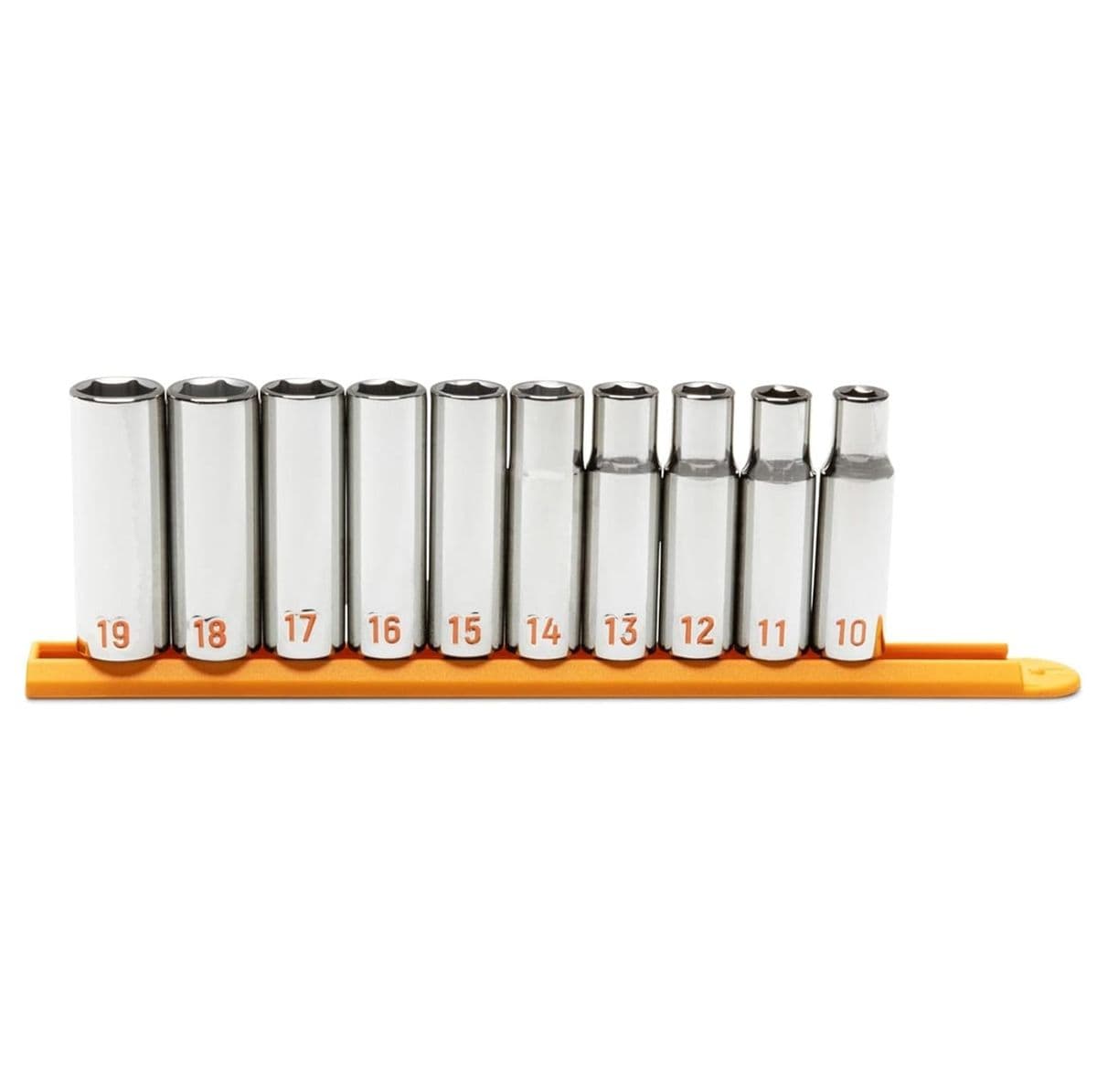 A full 10-piece GEARWRENCH metric deep socket set cleanly organized in numerical order on a vibrant orange storage rail, displaying sizes from 10mm to 19mm with clear high-visibility markings.