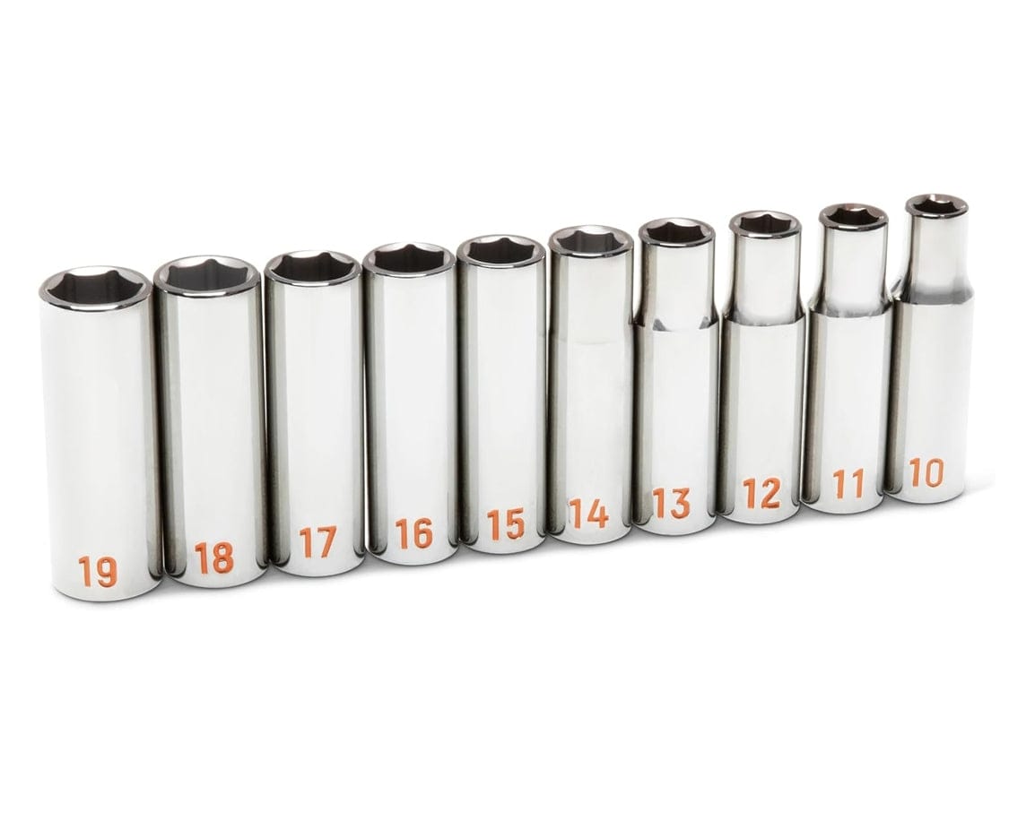 An angled side profile view of the complete 10-piece GEARWRENCH metric deep socket line, emphasizing the durable alloy steel composition and high-luster chrome plating.