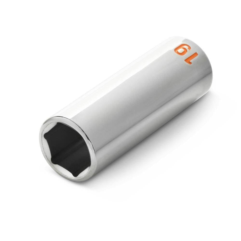 Close-up perspective shot of a 19mm deep socket lying horizontally, showing the 6-point internal opening designed to grip fastener flats and reduce hardware rounding.