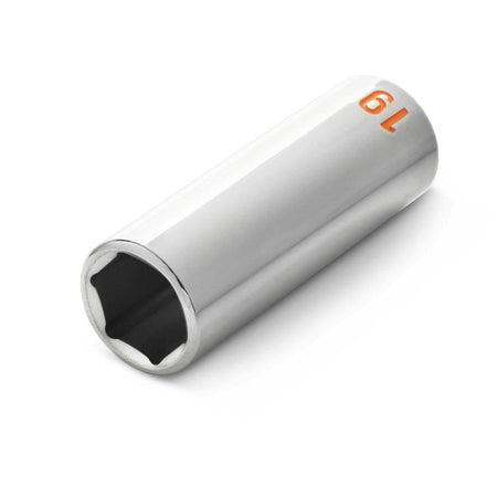 Close-up perspective shot of a 19mm deep socket lying horizontally, showing the 6-point internal opening designed to grip fastener flats and reduce hardware rounding.
