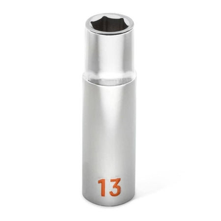 A vertical studio shot of a 13mm deep metric socket, showcasing the large orange ink-filled size stamping against the premium mirror-like polished chrome finish.