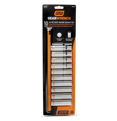 The complete GEARWRENCH 10-piece hi-viz deep metric socket set securely enclosed in its original retail blister card packaging with the official lifetime warranty emblem visible.