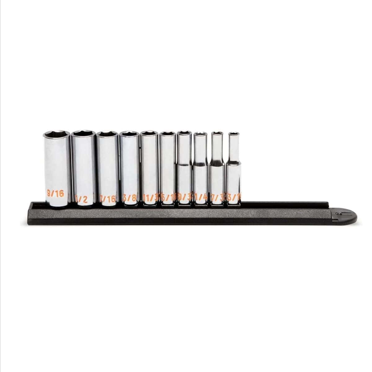 A side-profile studio shot of the GEARWRENCH 80305H 10-piece SAE Hi-Viz deep socket set organized on a professional black socket rail, highlighting the deep-reach profile and high-visibility orange color-filled size markings.