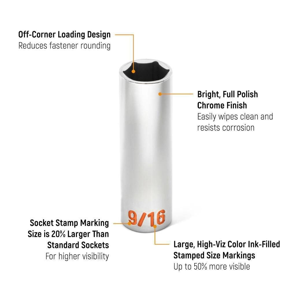 An informational marketing graphic of a GEARWRENCH Hi-Viz deep socket highlighting the 20 percent larger stampings, 50 percent more visible color-ink-filled markings, off-corner loading design, and bright full polish chrome finish.