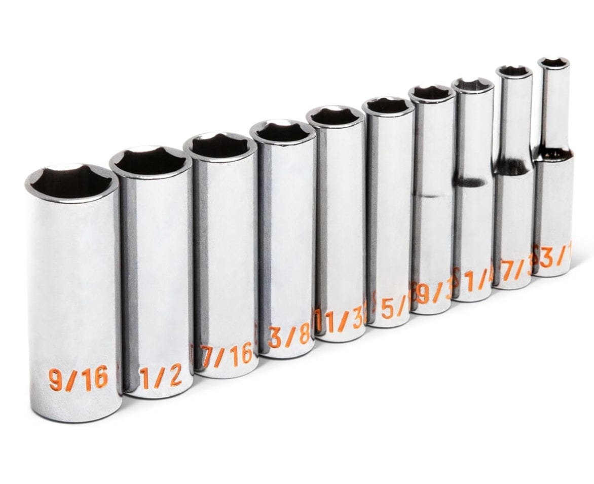 An angled perspective view of the GEARWRENCH 10-piece 1/4 inch drive deep socket set, showcasing the full polish chrome finish and the complete range of SAE sizes from 3/16 inch to 9/16 inch.