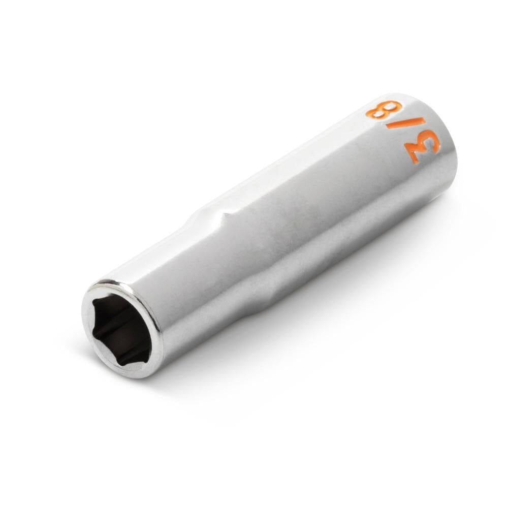 A detailed close-up shot of a 3/8 inch GEARWRENCH Hi-Viz deep socket, showcasing the extended length for recessed fasteners and the large high-contrast orange stamped size marking for rapid identification.