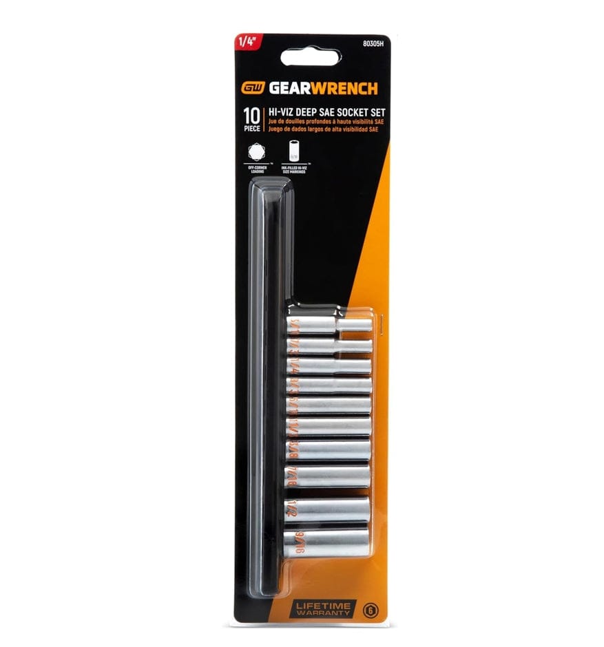 The front-facing retail blister packaging for the GEARWRENCH 80305H 10-piece SAE deep socket set, emphasizing the Hi-Viz technology, 6-point design, and professional lifetime warranty.