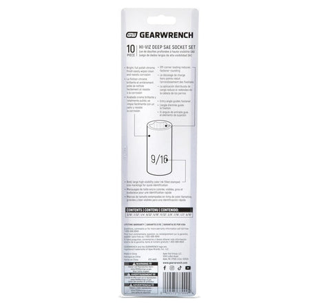 The back of the retail package for the GEARWRENCH Hi-Viz deep socket set, providing a detailed contents list and illustrating technical features such as off-corner loading to reduce fastener rounding and entry angle guides.