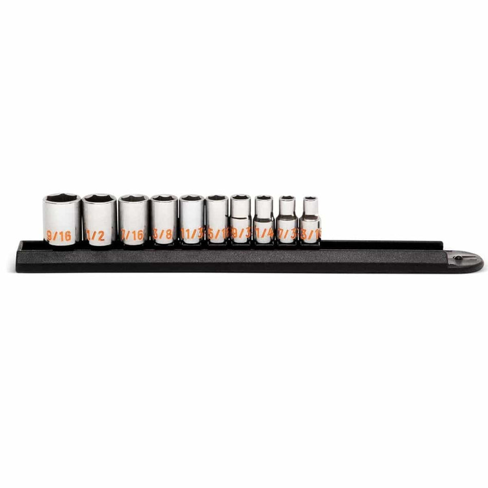 A side-profile studio shot of the GEARWRENCH 80303H 10-piece SAE Hi-Viz socket set organized on a professional black socket rail, highlighting the high-visibility orange color-filled size markings.