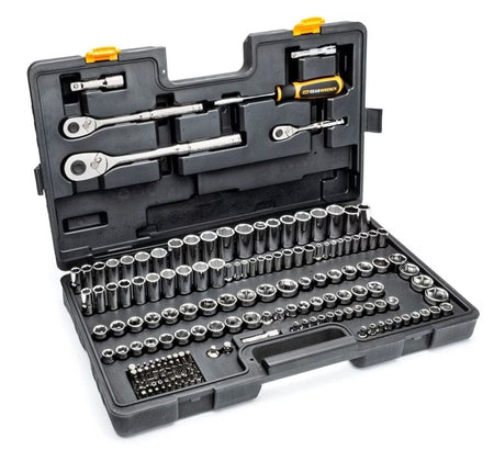 The complete GEARWRENCH 115-piece Mechanics Tool Set open in its black blow mold case, showing all the sockets, ratchets, and accessories organized within the tray.