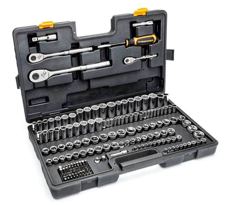 The complete GEARWRENCH 115-piece Mechanics Tool Set open in its black blow mold case, showing all the sockets, ratchets, and accessories organized within the tray.