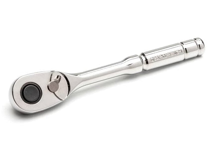 A studio shot of a chrome 72-tooth quick-release ratchet (likely 3/8-inch drive), showing the full polish finish and teardrop head.