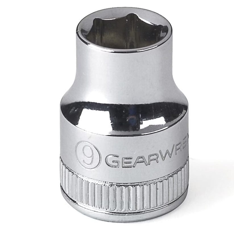 A close-up studio shot of a small chrome 9mm metric standard socket, emphasizing the full polish finish and knurled grip ring.