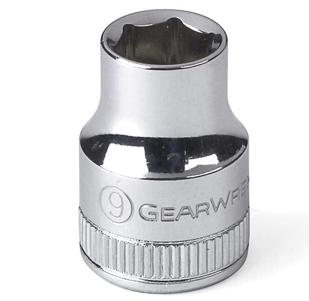 A close-up studio shot of a small chrome 9mm metric standard socket, emphasizing the full polish finish and knurled grip ring.