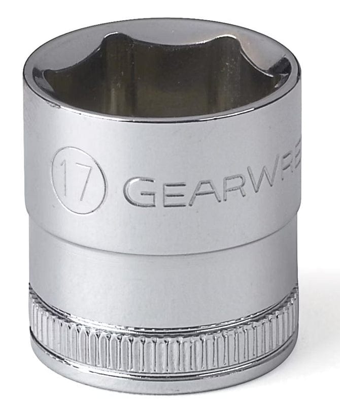 A close-up studio shot of a chrome 17mm metric standard socket, highlighting the 6-point opening and knurled base.