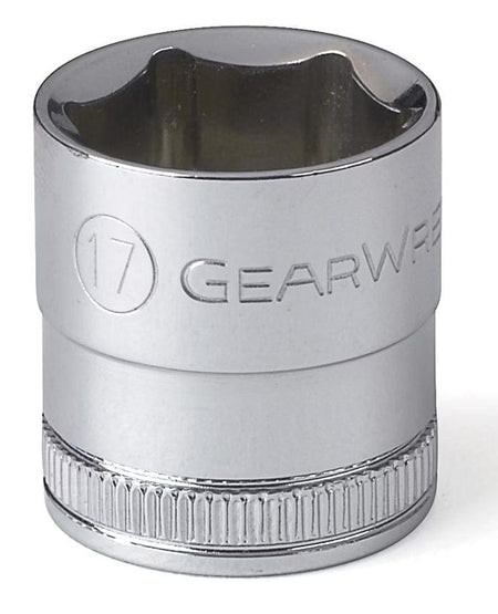 A close-up studio shot of a chrome 17mm metric standard socket, highlighting the 6-point opening and knurled base.