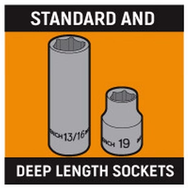 A graphic illustrating the difference between a tall deep length socket (13/16 inch) and a shorter standard length socket (19mm).