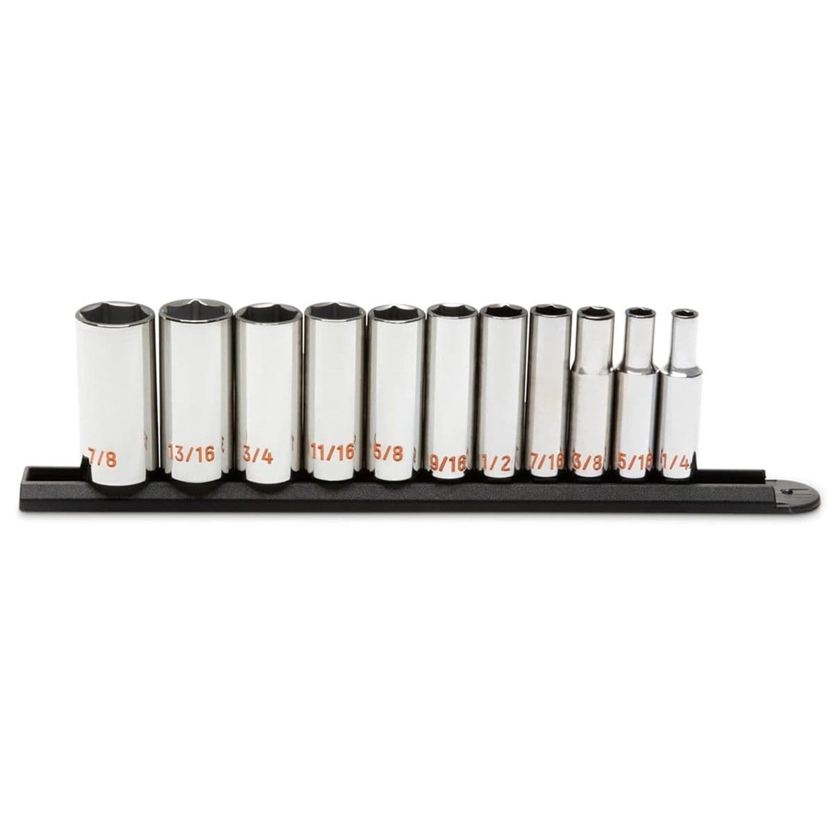 A comprehensive studio shot of the GEARWRENCH 80555 11-piece 3/8 inch drive SAE Hi-Viz deep socket set organized on a professional black socket rail, showcasing the extended reach profile and high-visibility orange color-filled size markings.