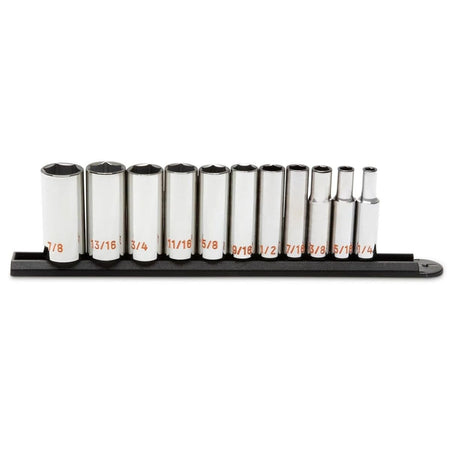 A comprehensive studio shot of the GEARWRENCH 80555 11-piece 3/8 inch drive SAE Hi-Viz deep socket set organized on a professional black socket rail, showcasing the extended reach profile and high-visibility orange color-filled size markings.