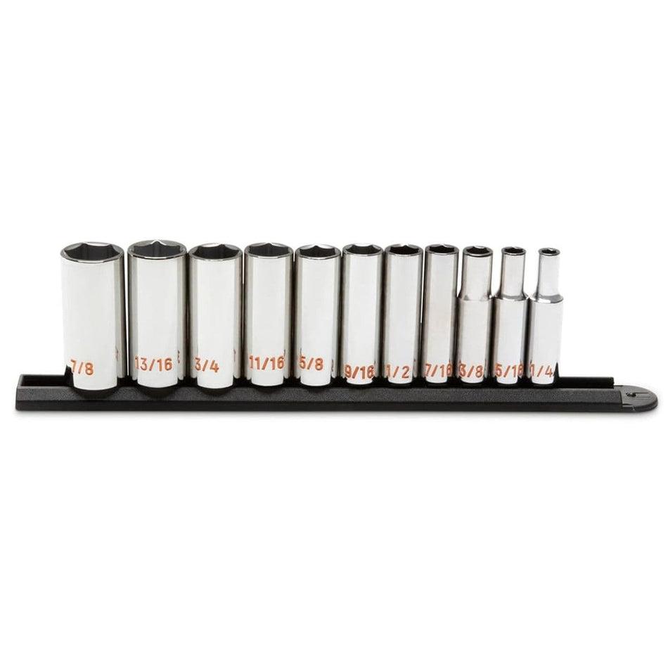 A comprehensive studio shot of the GEARWRENCH 80555 11-piece 3/8 inch drive SAE Hi-Viz deep socket set organized on a professional black socket rail, showcasing the extended reach profile and high-visibility orange color-filled size markings.