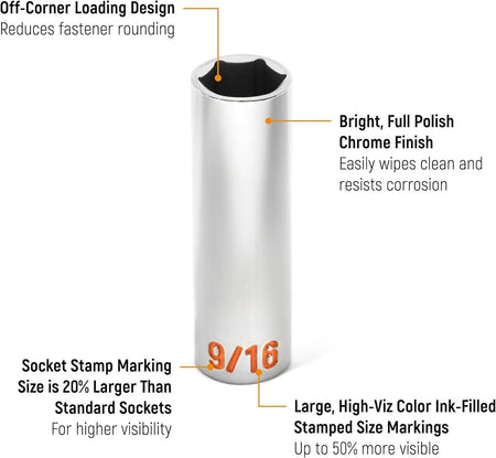 An informational marketing graphic of a GEARWRENCH Hi-Viz deep socket highlighting the 20 percent larger stampings, 50 percent more visible color-ink-filled markings, and off-corner loading design for professional durability.
