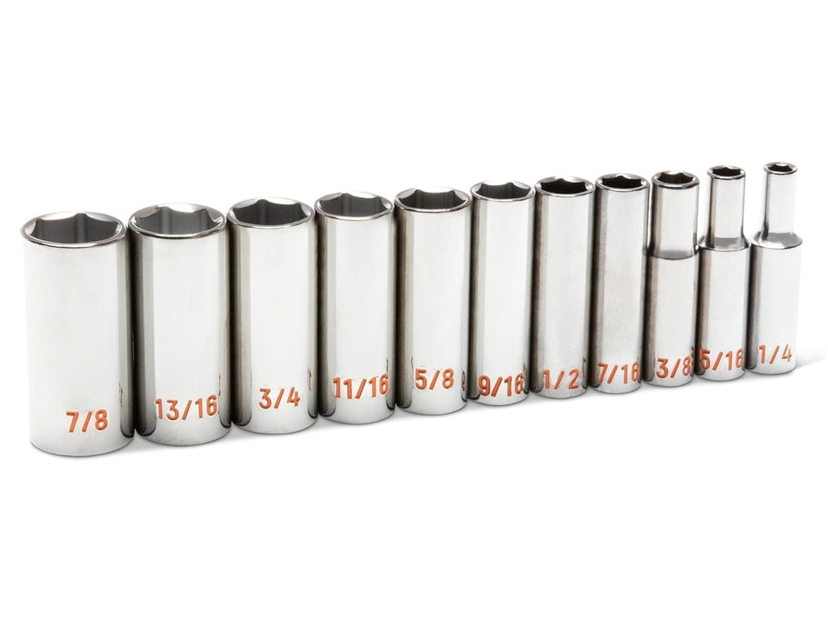 An angled perspective view of the GEARWRENCH 11-piece 3/8 inch drive deep socket set, showcasing the brilliant full polish chrome finish and the range of SAE sizes from 1/4 inch to 7/8 inch.