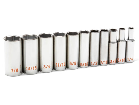 An angled perspective view of the GEARWRENCH 11-piece 3/8 inch drive deep socket set, showcasing the brilliant full polish chrome finish and the range of SAE sizes from 1/4 inch to 7/8 inch.