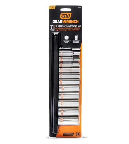 The front-facing retail blister packaging for the GEARWRENCH 80555 11-piece SAE deep socket set, emphasizing the Hi-Viz technology, 6-point design, and professional lifetime warranty.
