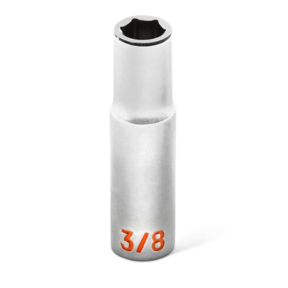 A detailed close-up shot of a 3/8 inch GEARWRENCH Hi-Viz deep socket, showcasing the precision 6-point hex opening and the large high-contrast orange stamped size marking.