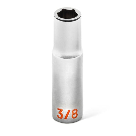 A detailed close-up shot of a 3/8 inch GEARWRENCH Hi-Viz deep socket, showcasing the precision 6-point hex opening and the large high-contrast orange stamped size marking.
