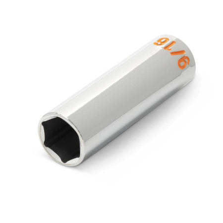 A macro view of the 9/16 inch GEARWRENCH SAE Hi-Viz deep socket emphasizing the sleek tool profile and the durable color-filled identification markings for professional shop environments.