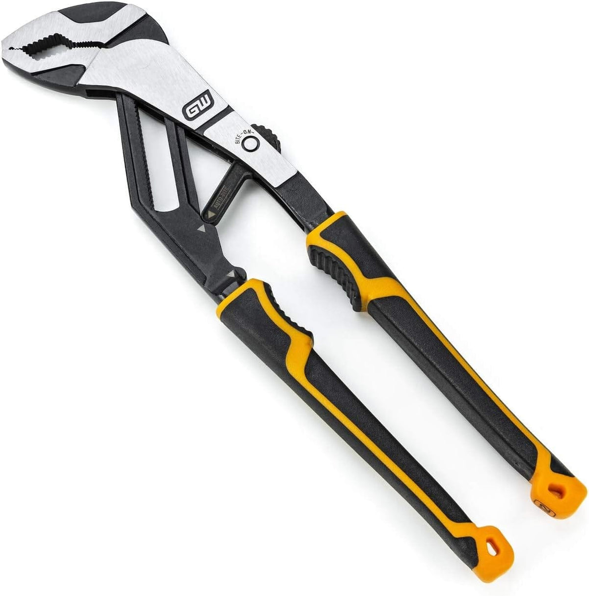 A professional studio shot of the GEARWRENCH 12-inch PITBULL Auto-Bite tongue and groove pliers featuring a slim V-jaw design and ergonomic yellow and black dual-material comfort grips.