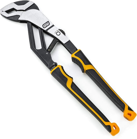 A professional studio shot of the GEARWRENCH 12-inch PITBULL Auto-Bite tongue and groove pliers featuring a slim V-jaw design and ergonomic yellow and black dual-material comfort grips.
