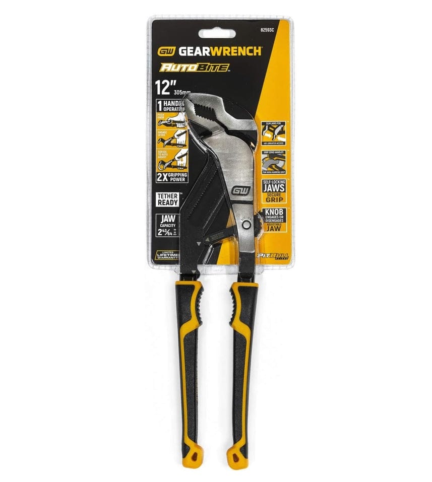 A high-detail shot of the GEARWRENCH pliers head partially open, emphasizing the precision-machined adjustment tracks and the industrial alloy steel construction.