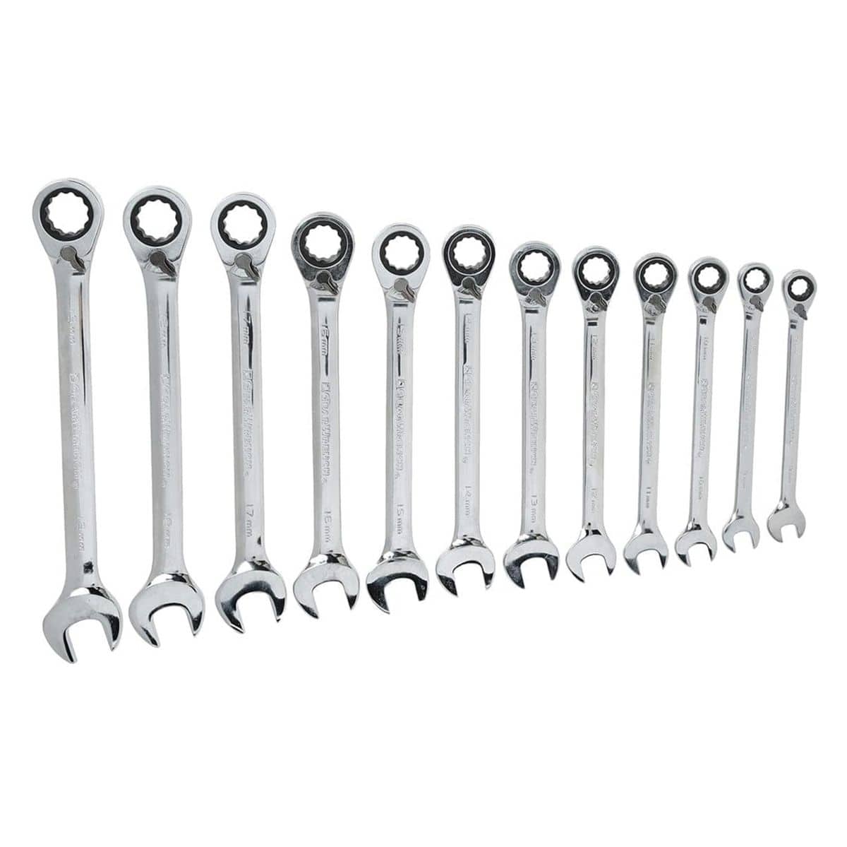 A studio shot of the 12-piece GEARWRENCH metric reversible ratcheting combination wrench set, arranged vertically on a white background, clearly showing the size markings on the beams.