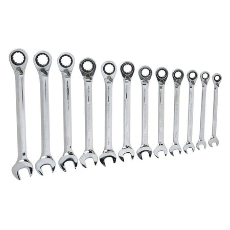 A studio shot of the 12-piece GEARWRENCH metric reversible ratcheting combination wrench set, arranged vertically on a white background, clearly showing the size markings on the beams.