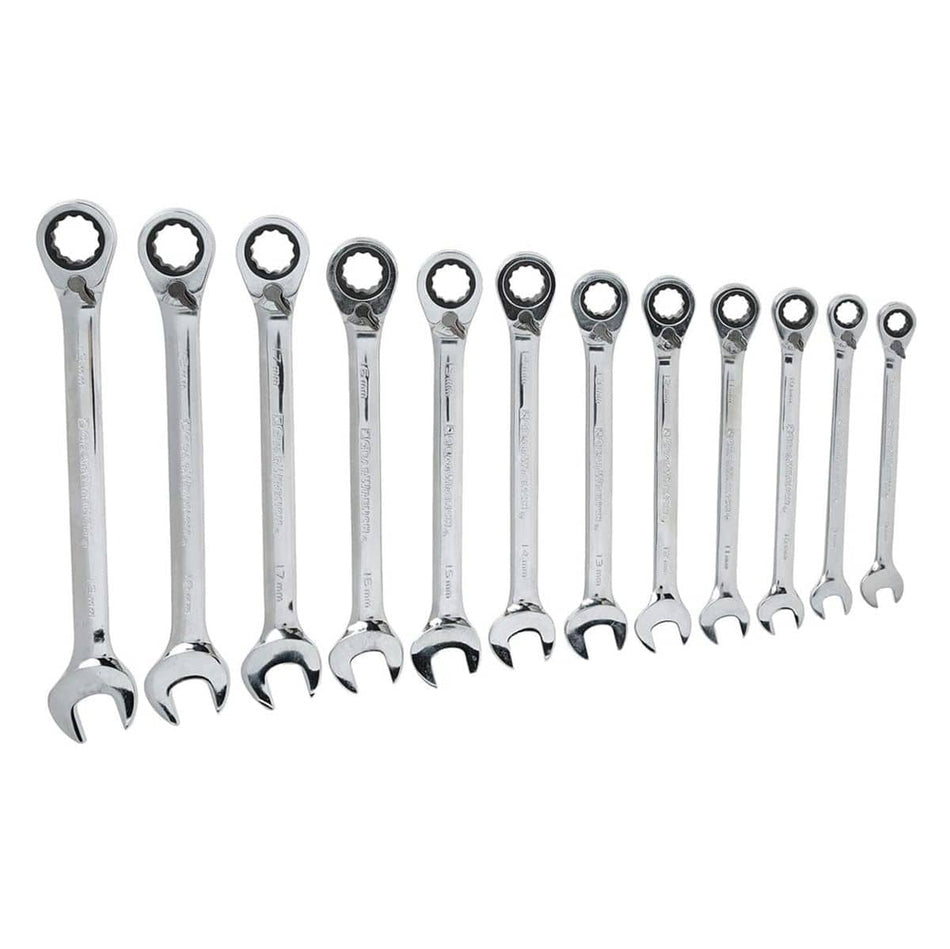 A studio shot of the 12-piece GEARWRENCH metric reversible ratcheting combination wrench set, arranged vertically on a white background, clearly showing the size markings on the beams.