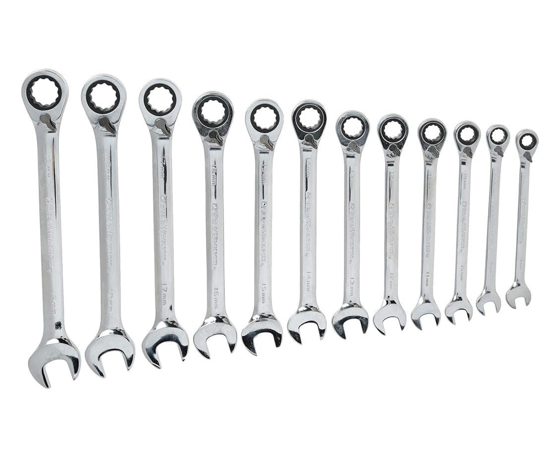 A studio shot of the 12-piece GEARWRENCH metric reversible ratcheting combination wrench set, arranged vertically on a white background, clearly showing the size markings on the beams.