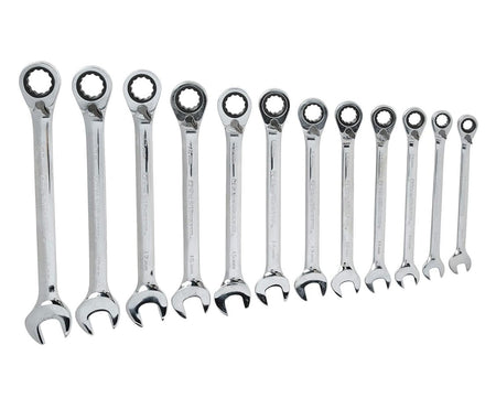 A studio shot of the 12-piece GEARWRENCH metric reversible ratcheting combination wrench set, arranged vertically on a white background, clearly showing the size markings on the beams.