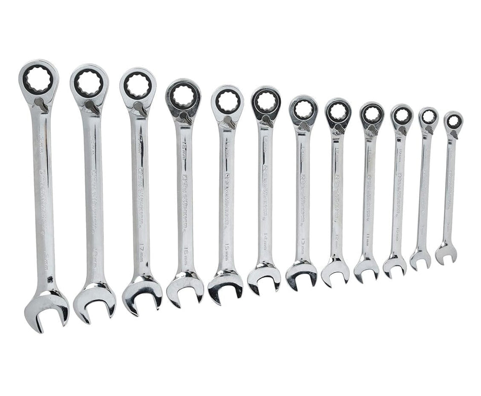 A studio shot of the 12-piece GEARWRENCH metric reversible ratcheting combination wrench set, arranged vertically on a white background, clearly showing the size markings on the beams.
