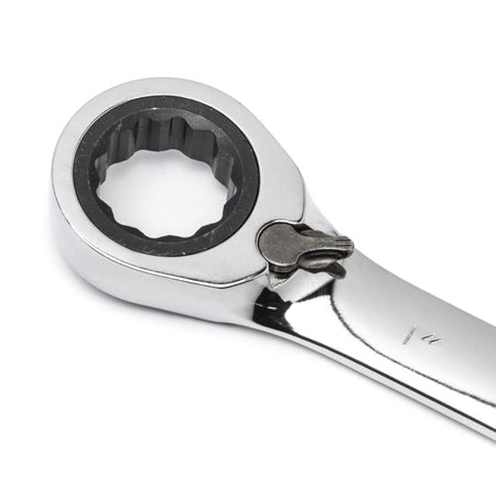A close-up studio shot of the chrome 12-point ratcheting box end of a GEARWRENCH combination wrench, showing the 72-tooth mechanism and the flush-mounted reversing lever.