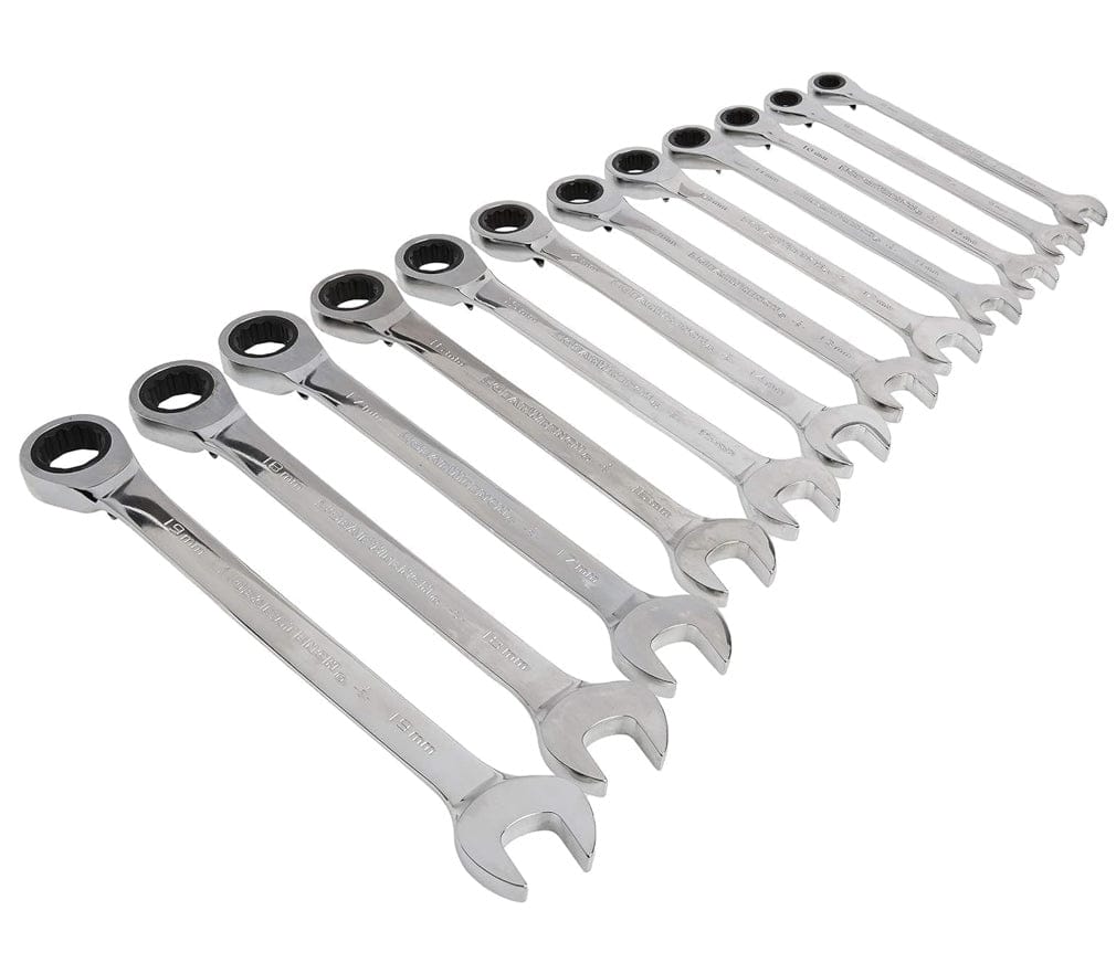 The complete set of 12 chrome metric reversible ratcheting combination wrenches laid out diagonally in ascending order, from the shortest wrench to the longest wrench.