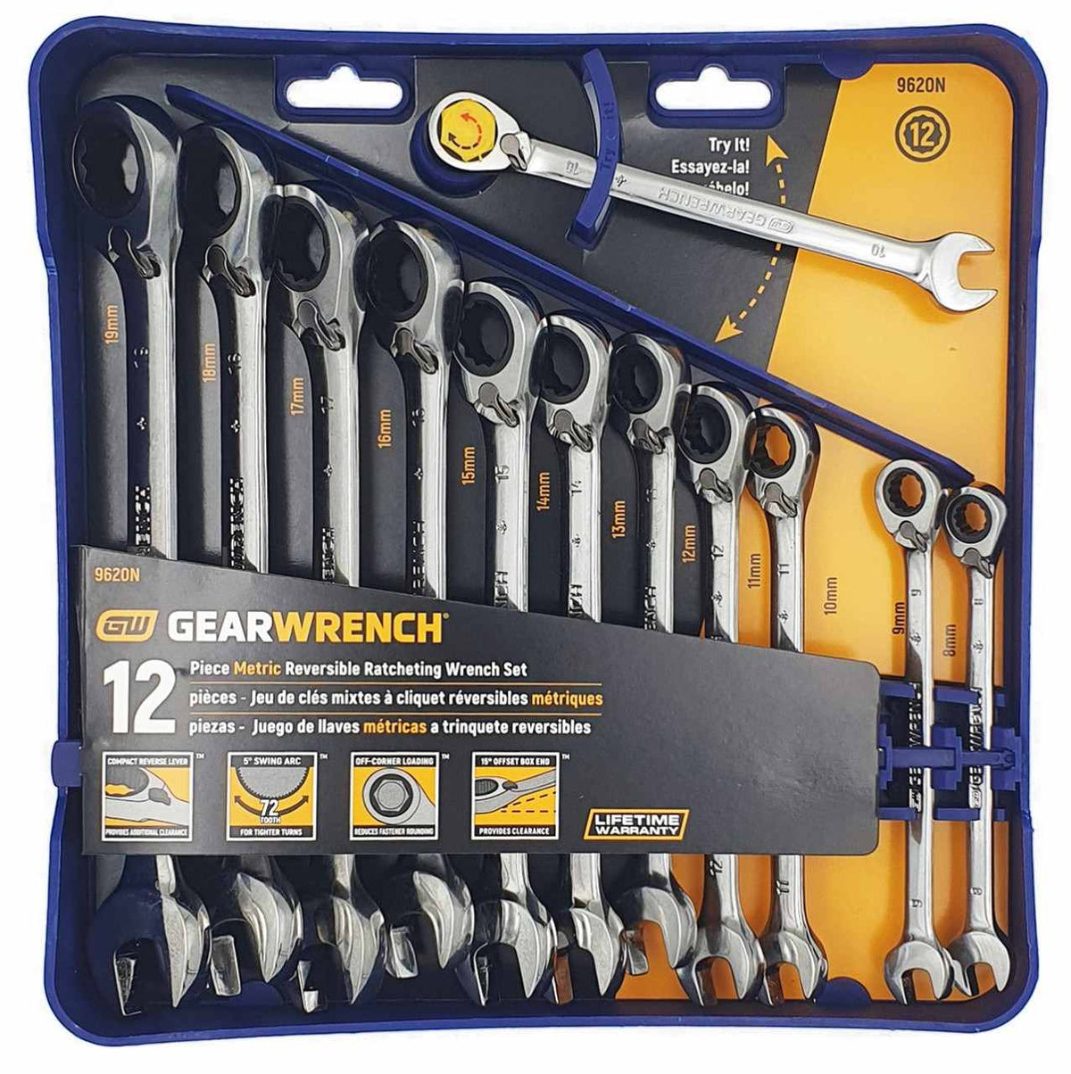 The GEARWRENCH 12-piece Metric Reversible Ratcheting Wrench Set displayed in its blue plastic storage tray, with product details and feature callouts visible on the packaging sleeve.