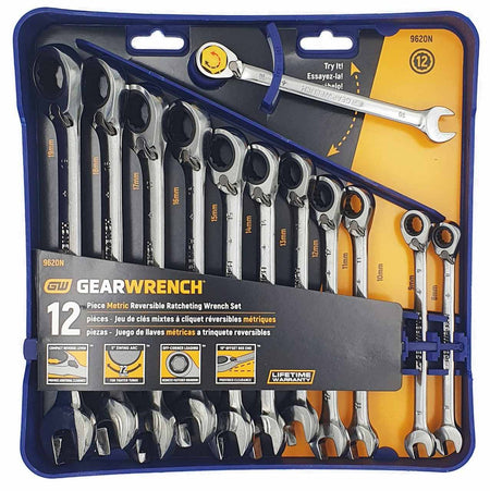 The GEARWRENCH 12-piece Metric Reversible Ratcheting Wrench Set displayed in its blue plastic storage tray, with product details and feature callouts visible on the packaging sleeve.
