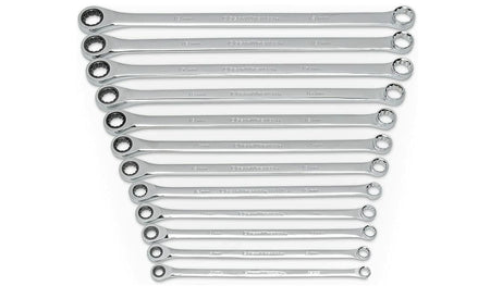 Set of 14 combination wrenches arranged by size from 6mm to 19mm. Each wrench includes an open-end and box-end, made of polished chrome for mechanical and automotive use.