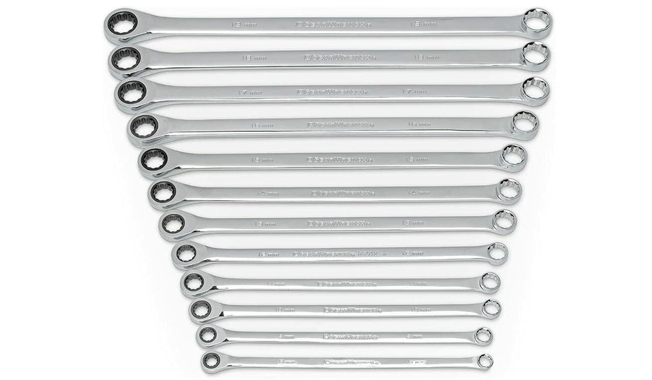 Set of 14 combination wrenches arranged by size from 6mm to 19mm. Each wrench includes an open-end and box-end, made of polished chrome for mechanical and automotive use.